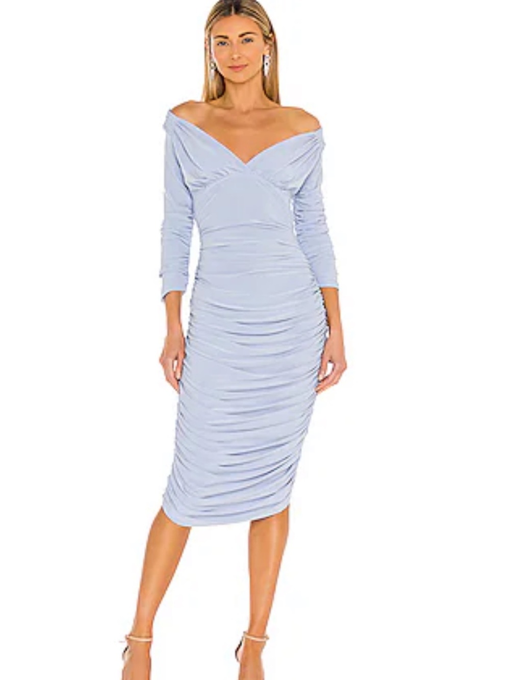 Norma Kamali Light Blue Off-Shoulder Ruched Midi Dress